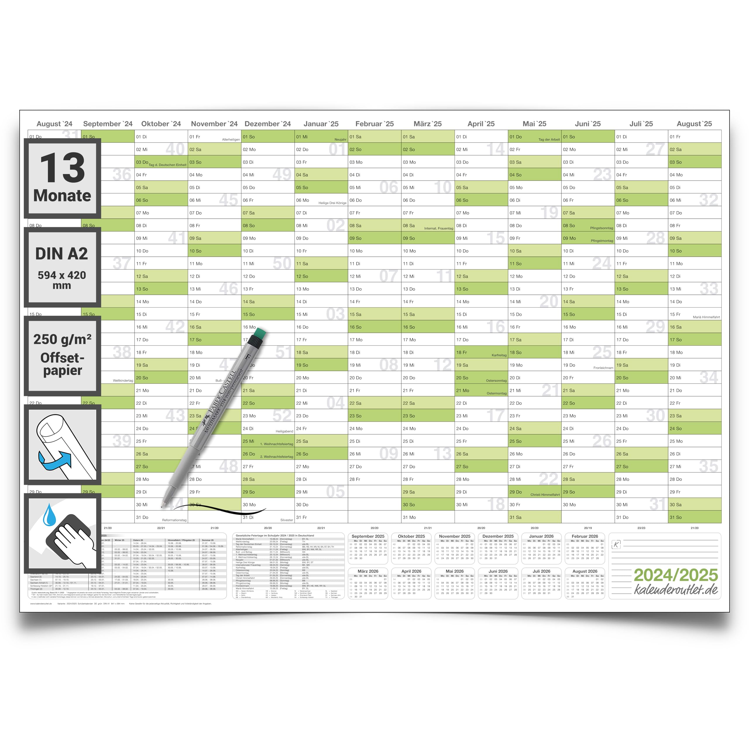 Abwischbarer Schülerkalender 2024/2025 grün inkl.1 Marker DIN A2 59,4x42,0cm 250g Papier gerollt Schuljahreskalender Kalender für Schüler und Lehrer Schulkalender Wandkalender. Deutsche Sprache