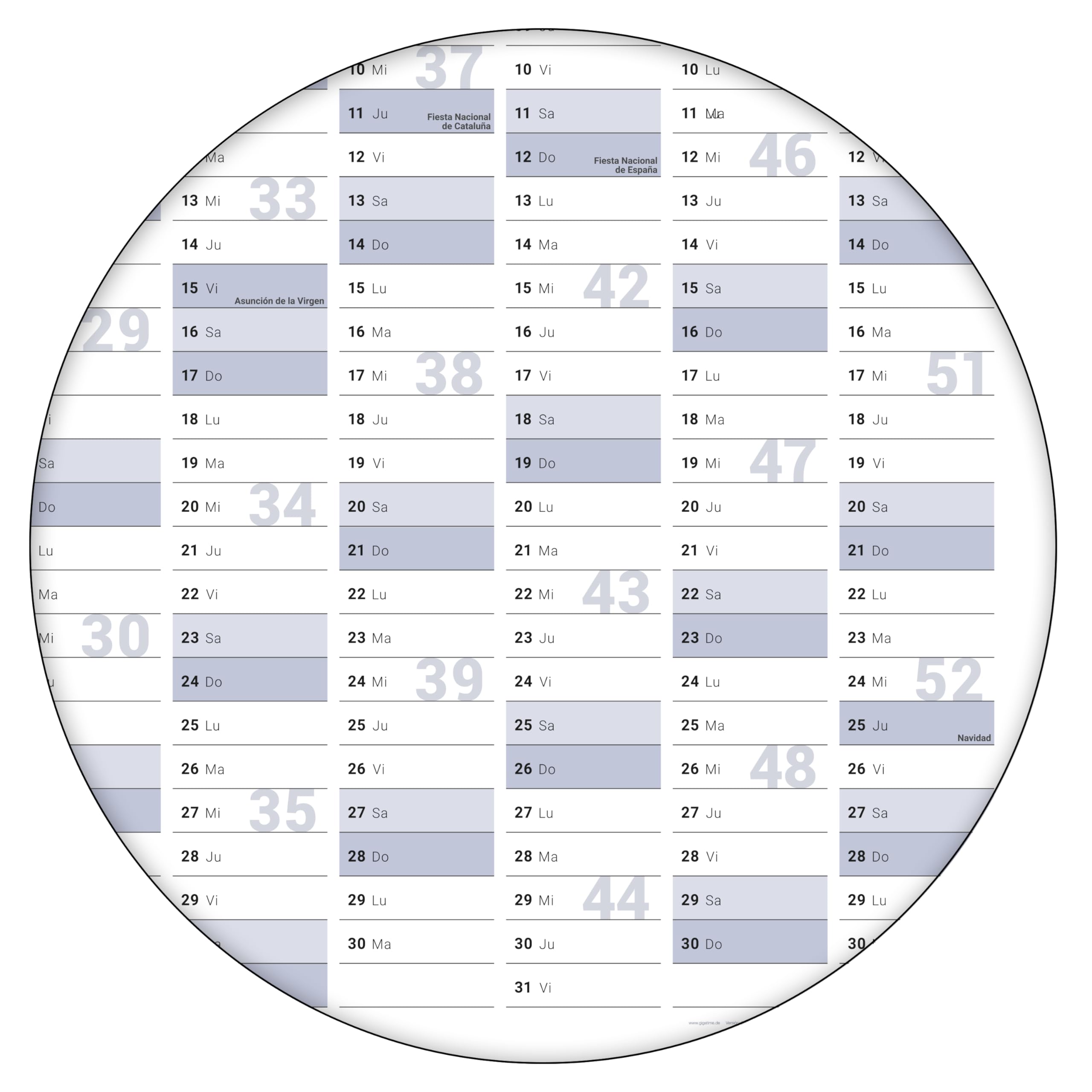 Gigatime Din A0 5 x calendario de pared XL 2025 planificador anual formato: 118,8 x 84,0cm- plegado - planificador de pared, calendario anual, calendario, poster - Espanol