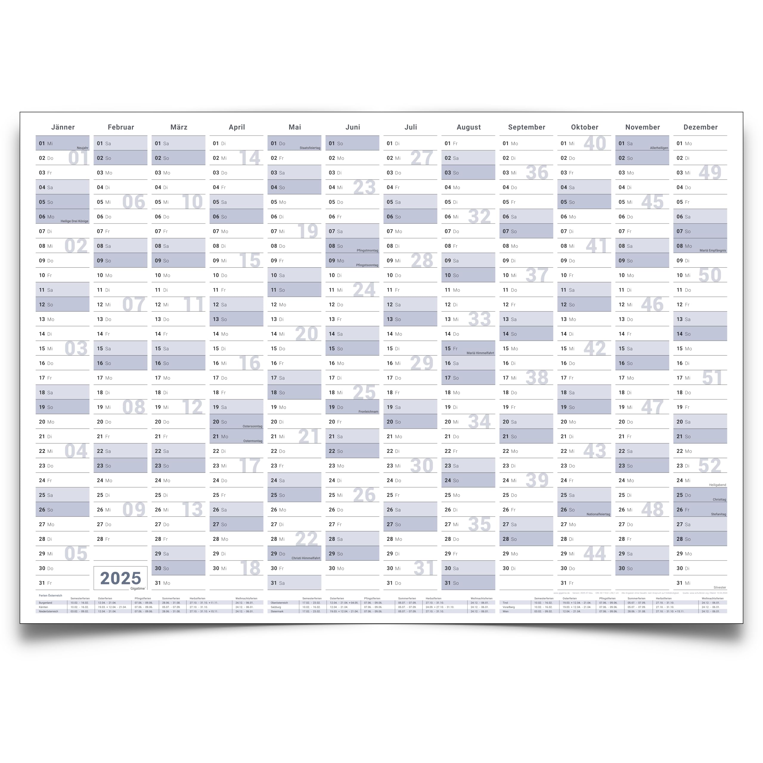 Gigatime ® Din A0 1x Österreichische Wandkalender, Jahresplaner 2025 118,8 x 84,0 cm xxl groß blaugrau feucht abwischbar mit 1 x 4 non permanent Markern und Schwamm