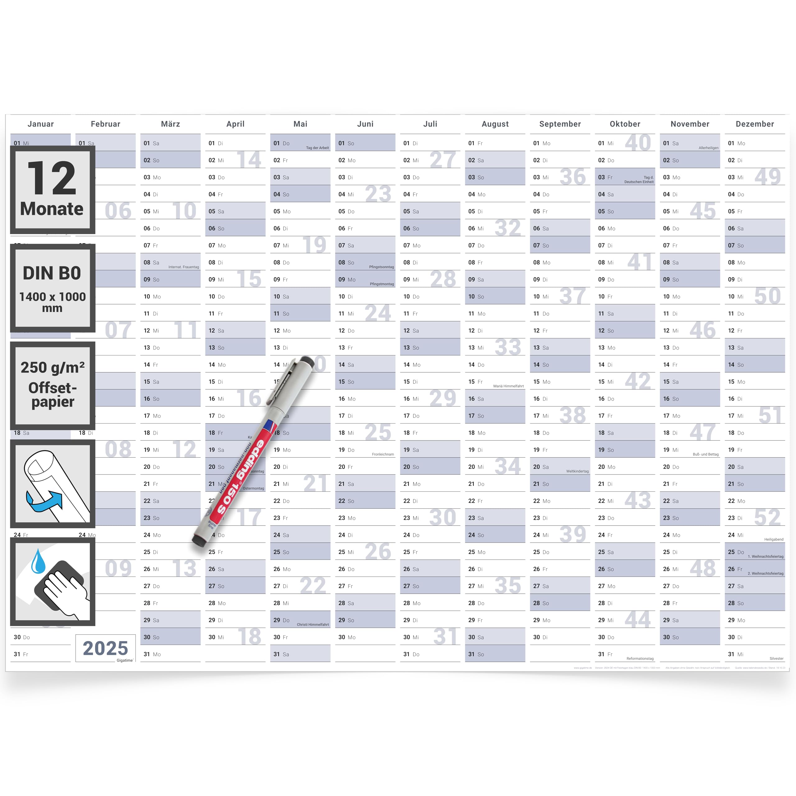 Abwischbarer XXL Jahresplaner Wandkalender 2025. Wandplaner gerollt 140x100cm gross DIN B0 inklusive 1 Marker. Jahreskalender 2025, Kalender - deutsche Sprache - von Gigatime