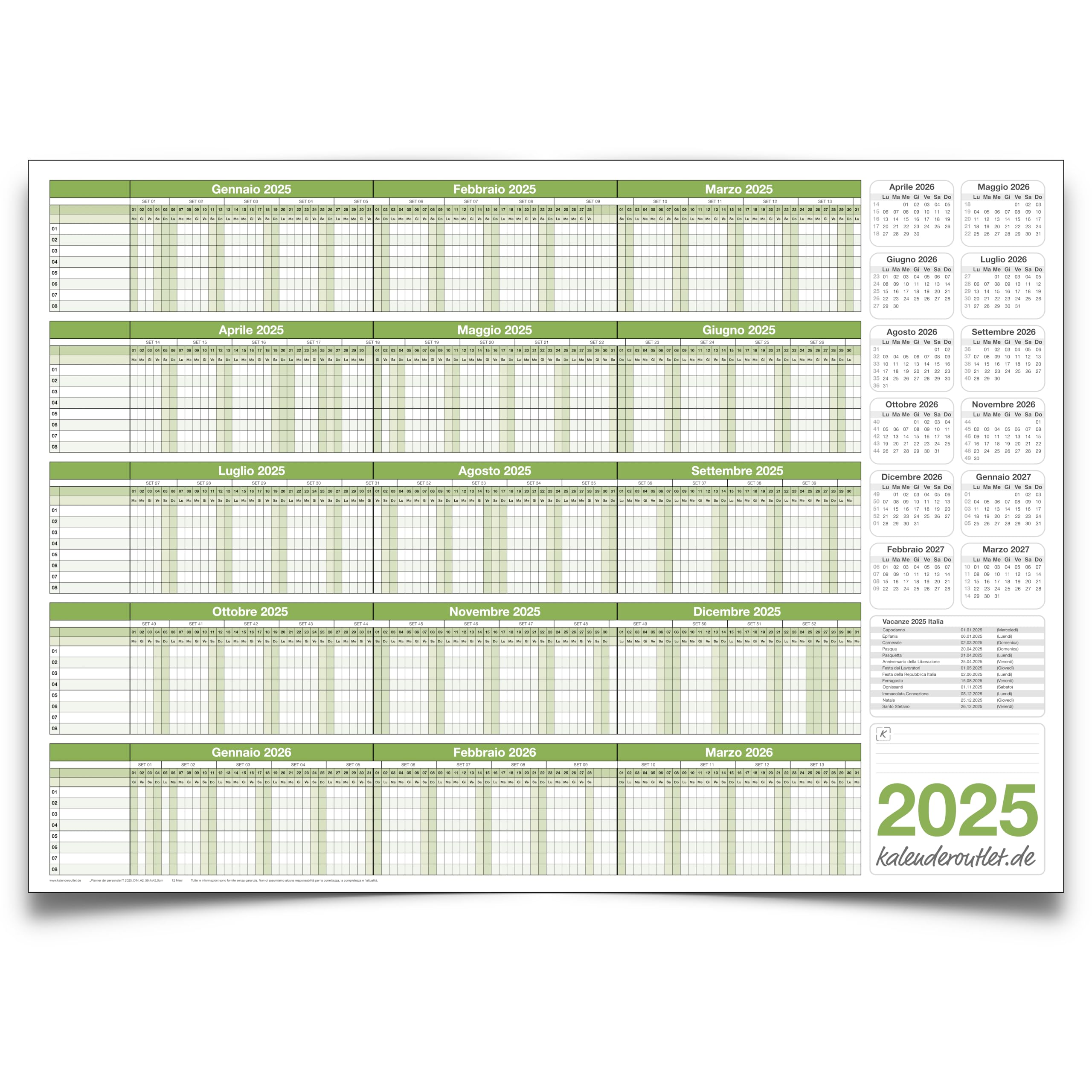 Kalenderoutlet Agenda per il personale per 8 dipendenti 2025, DIN A2 riutilizzabile con 4 pennarelli non permanenti e spugna