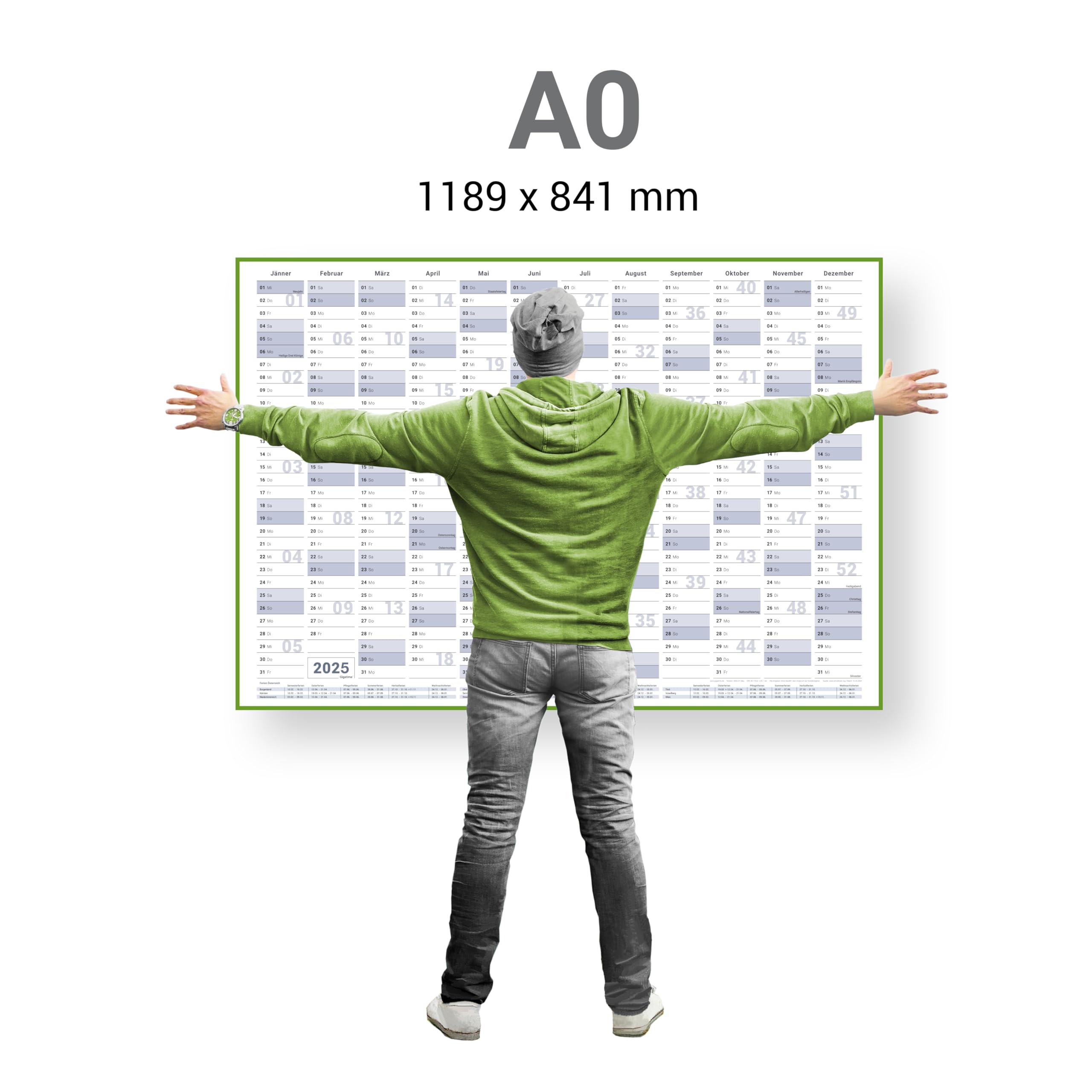 Gigatime ® Din A0 1x Österreichische Wandkalender, Jahresplaner 2025 118,8 x 84,0 cm xxl groß blaugrau feucht abwischbar mit 1 x 4 non permanent Markern und Schwamm