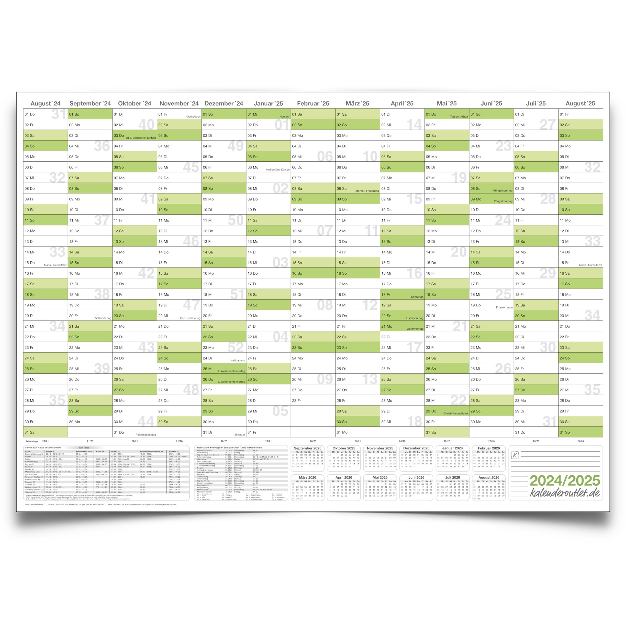 Abwischbarer Schülerkalender 2024/2025 grün inkl.1 Marker DIN A2 59,4x42,0cm 250g Papier gerollt Schuljahreskalender Kalender für Schüler und Lehrer Schulkalender Wandkalender. Deutsche Sprache