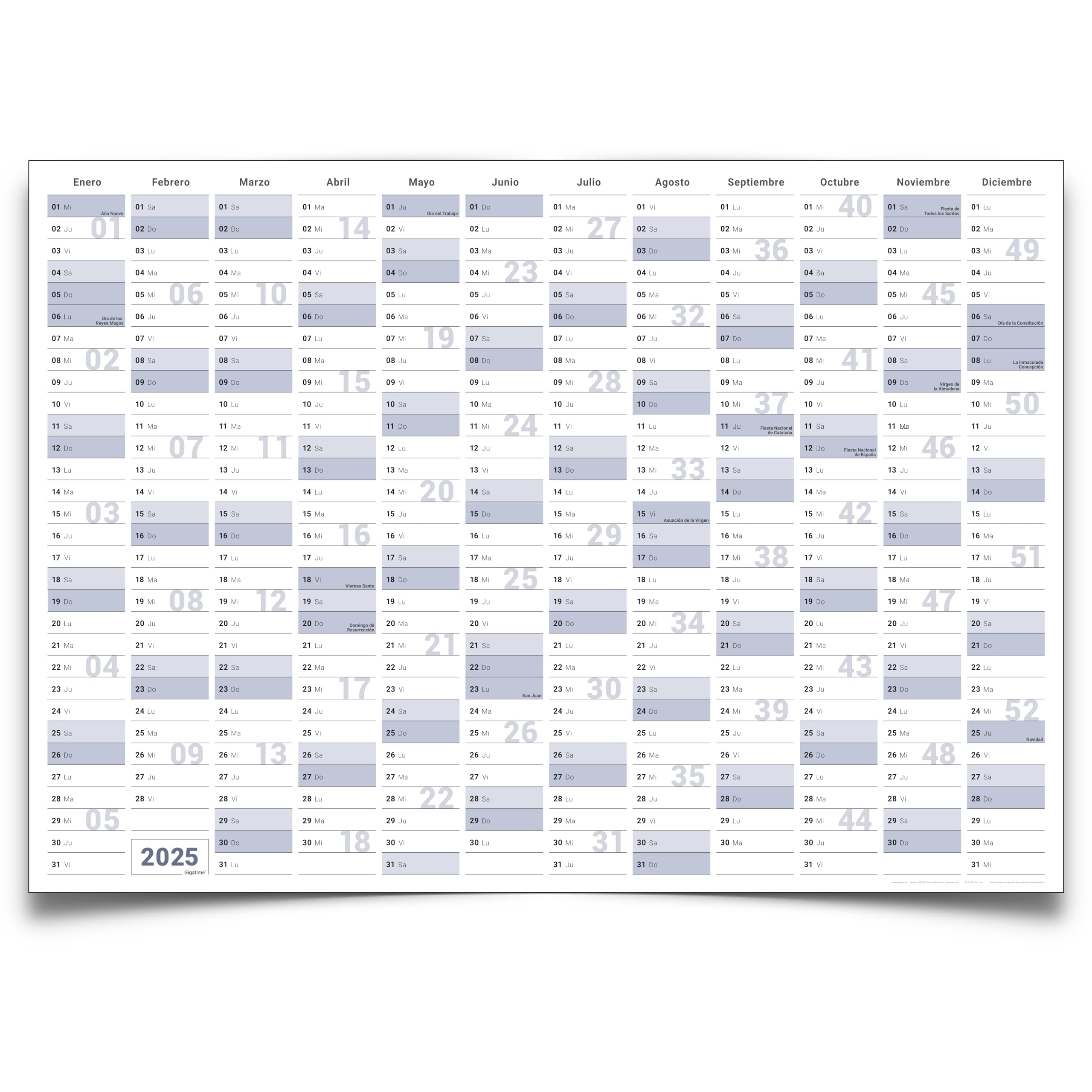 Gigatime Din A0 5 x calendario de pared XL 2025 planificador anual formato: 118,8 x 84,0cm- plegado - planificador de pared, calendario anual, calendario, poster - Espanol