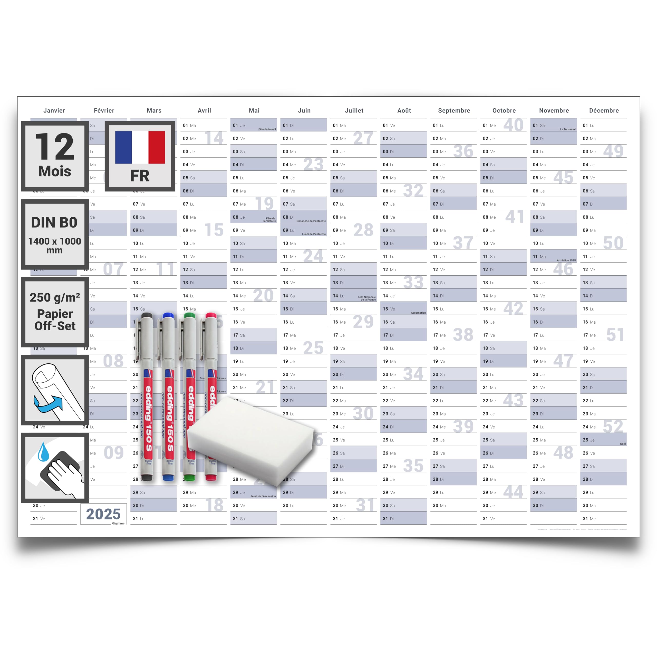 1 Calendrier mural/organiseur annuel 2025 Format : DIN B0 140.0 x 100.0 cm, bleu/gris, effaçable à l'eau avec 4 marqueurs non-permanents avec éponge - français