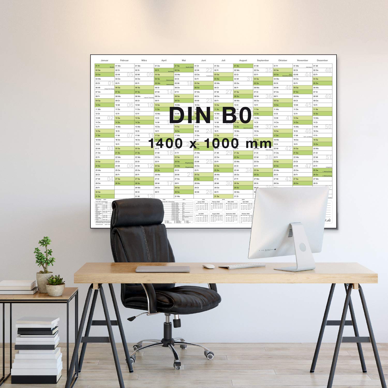 XXL Dauerkalender, super groß, DIN B0 140 x 100 cm, 250 g/m2 feucht abwischbar mit 1 Faber-Castell non-permanent Marker