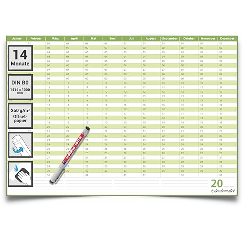 XXL Dauerkalender, super groß, DIN B0 140 x 100 cm, 250 g/m2 feucht abwischbar mit 1 Faber-Castell non-permanent Marker
