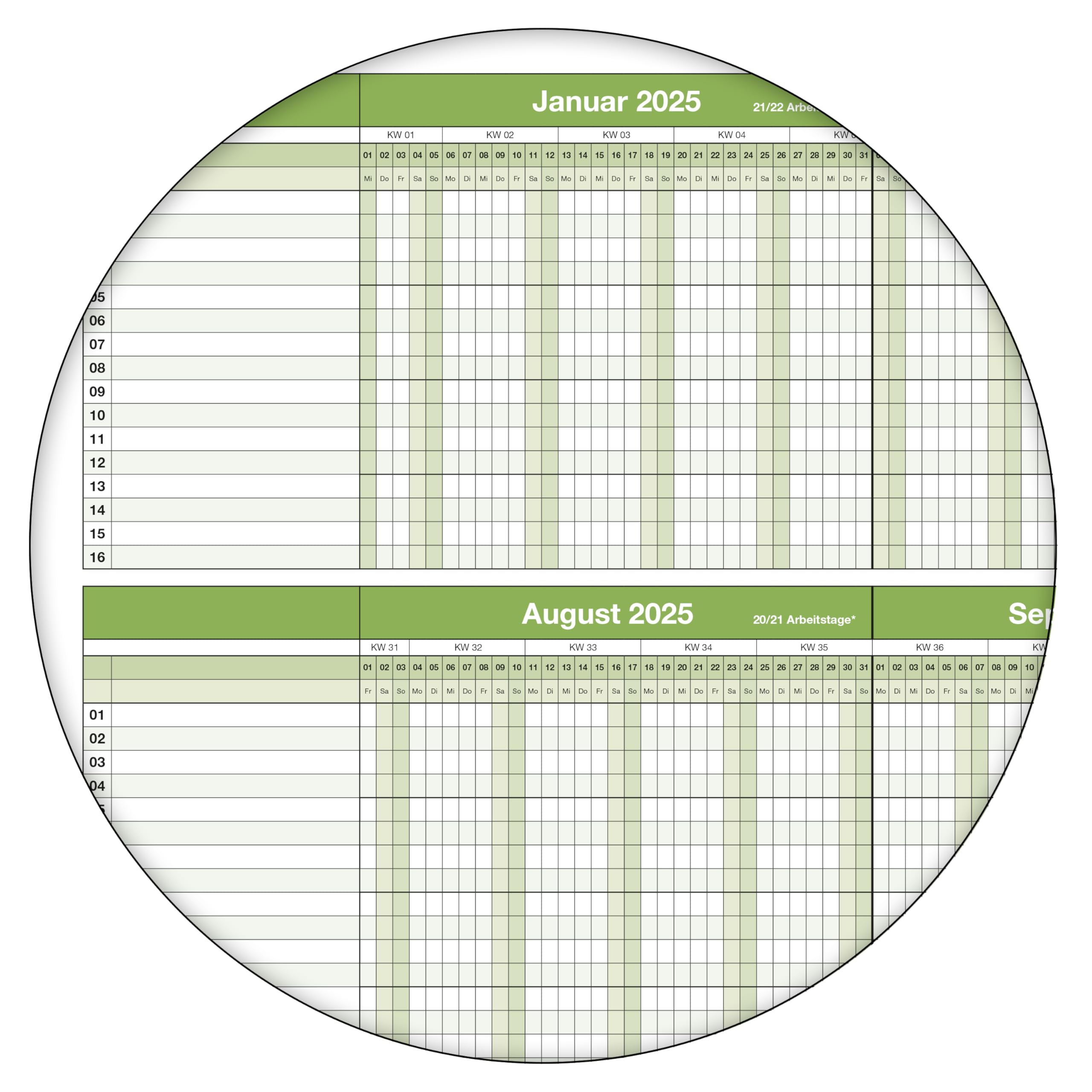 Personalplaner Urlaubsplaner 2025 feucht abwischbar 118,8 x 42,0 cm für bis zu 16 Mitarbeiter grün GEROLLT