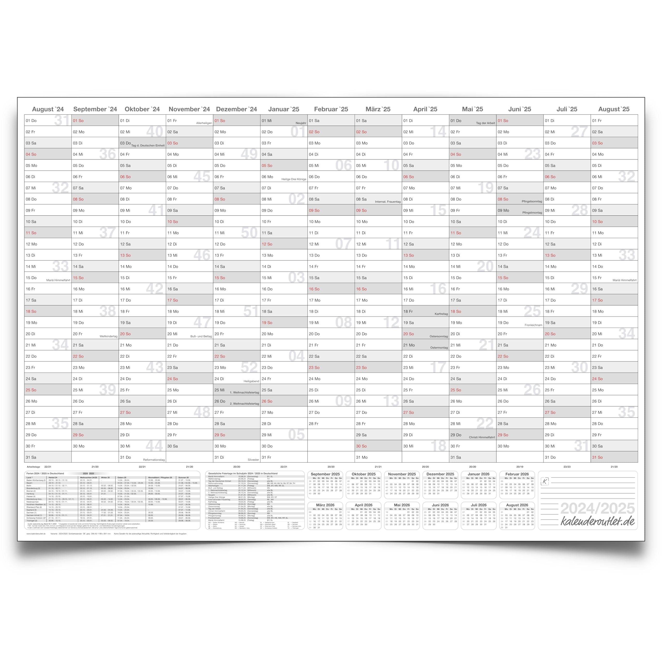 XL Schülerkalender 2024/2025 Jahresplaner grau Format: 118,8 x 84cm- DIN A0 - GEROLLT – Schuljahr 2024/25, Schuljahreskalender, Kalender für Schüler und Lehrer, Schulkalender Wandkalender - deutsch
